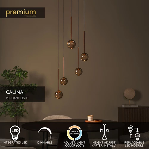 Lucide CALINA - Pendant light - Ø 41,9 cm - LED Dim. - CCT - 5x8,4W 2200K/3300K - With replaceable LED module - Amber - Premium - USP